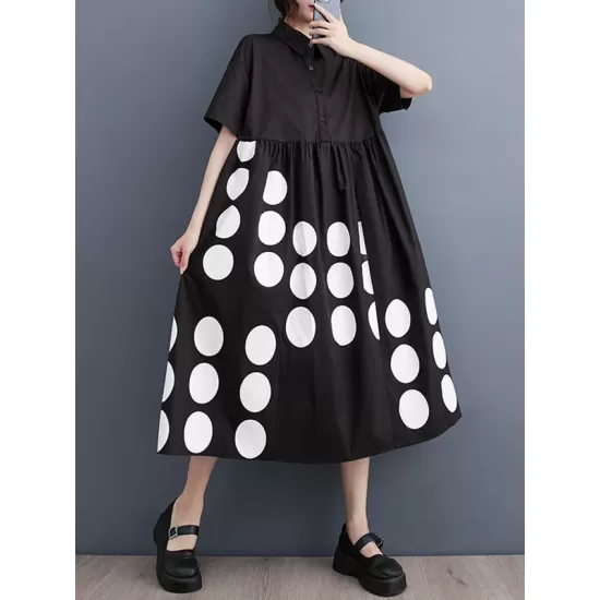 Buttoned Pockets Polka Dot Printed A-line Loose Lapel Midi Dresses