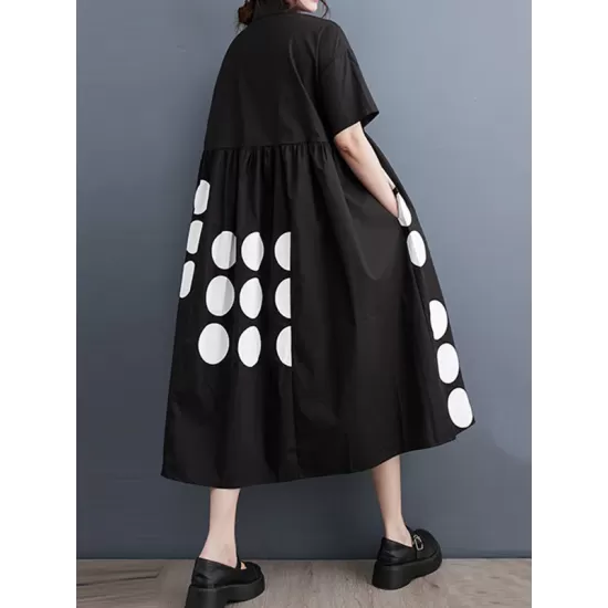 Buttoned Pockets Polka Dot Printed A-line Loose Lapel Midi Dresses