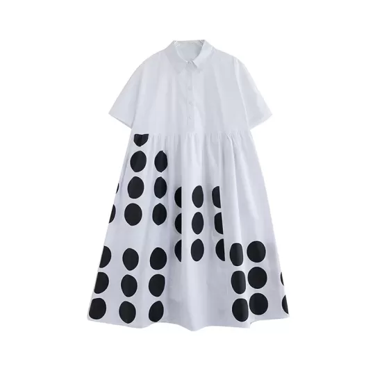 Buttoned Pockets Polka Dot Printed A-line Loose Lapel Midi Dresses