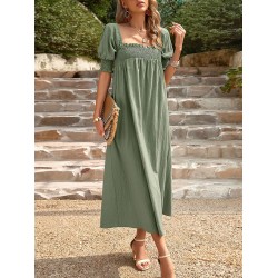 Pleated Solid Color Bishop Sleeve Loose Square-neck Midi Dresses