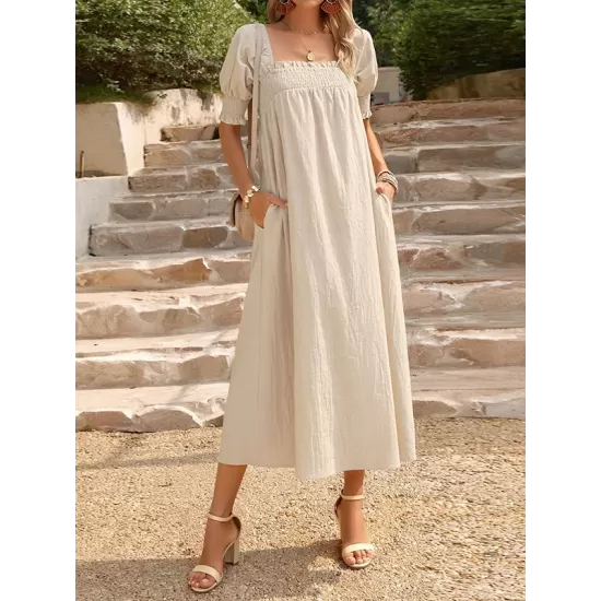 Pleated Solid Color Bishop Sleeve Loose Square-neck Midi Dresses