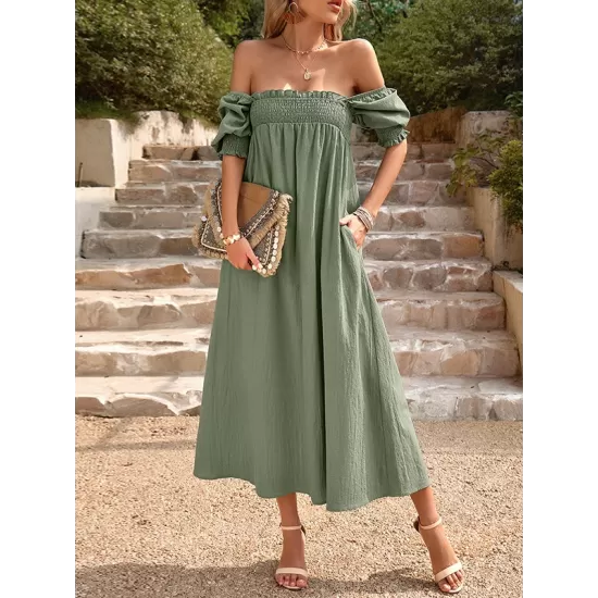 Pleated Solid Color Bishop Sleeve Loose Square-neck Midi Dresses