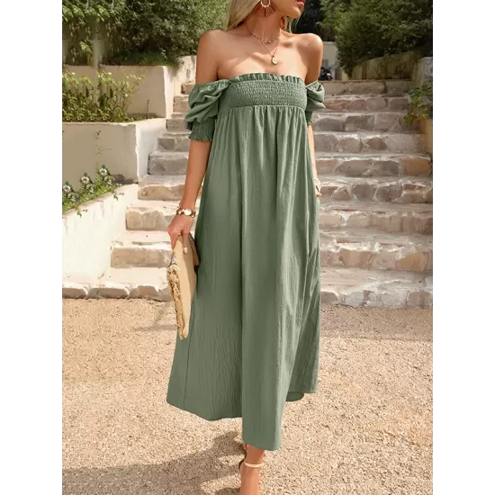 Pleated Solid Color Bishop Sleeve Loose Square-neck Midi Dresses