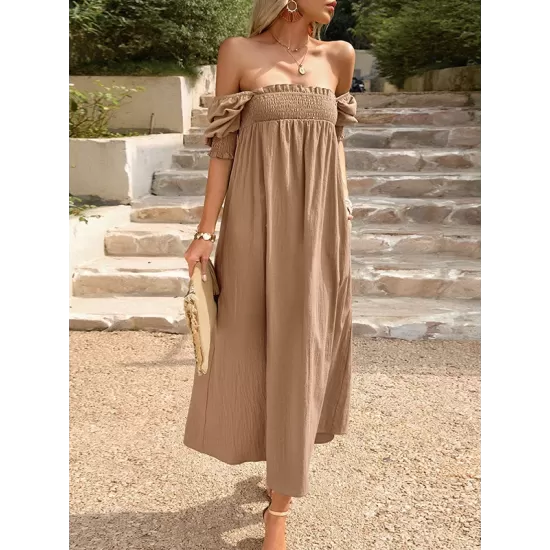 Pleated Solid Color Bishop Sleeve Loose Square-neck Midi Dresses