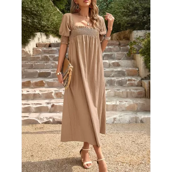 Pleated Solid Color Bishop Sleeve Loose Square-neck Midi Dresses