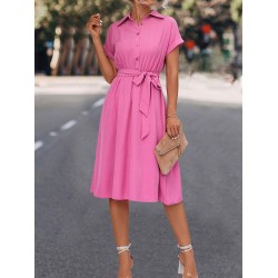 Buttoned Solid Color Tied Waist A-Line High Waisted Lapel Collar Shirt Dress Midi Dresses