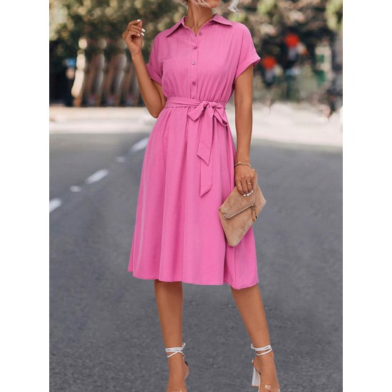 Buttoned Solid Color Tied Waist A-Line High Waisted Lapel Collar Shirt Dress Midi Dresses