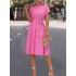 Buttoned Solid Color Tied Waist A-Line High Waisted Lapel Collar Shirt Dress Midi Dresses