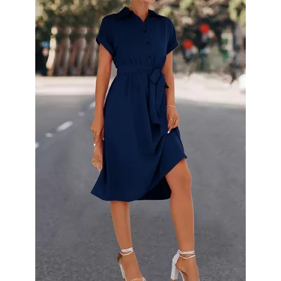 Buttoned Solid Color Tied Waist A-Line High Waisted Lapel Collar Shirt Dress Midi Dresses