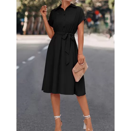 Buttoned Solid Color Tied Waist A-Line High Waisted Lapel Collar Shirt Dress Midi Dresses