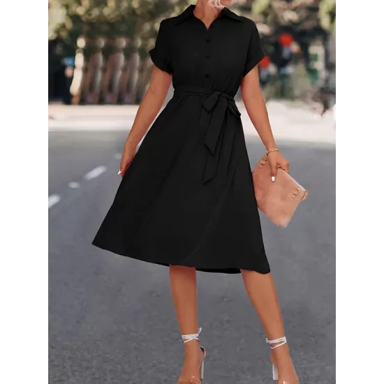 Buttoned Solid Color Tied Waist A-Line High Waisted Lapel Collar Shirt Dress Midi Dresses