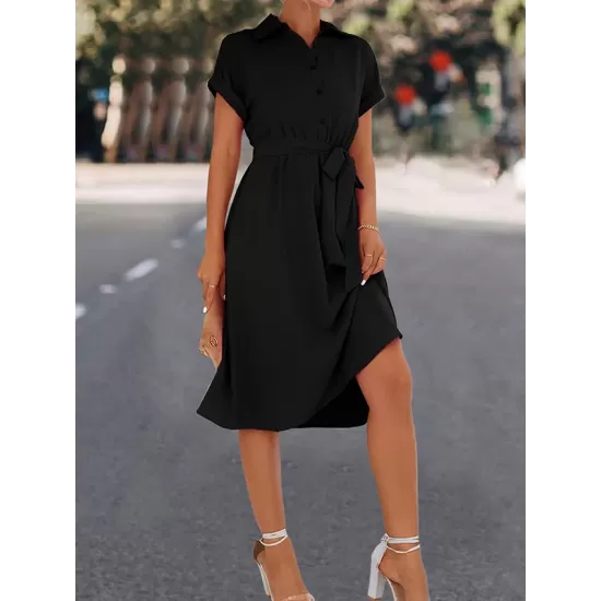 Buttoned Solid Color Tied Waist A-Line High Waisted Lapel Collar Shirt Dress Midi Dresses