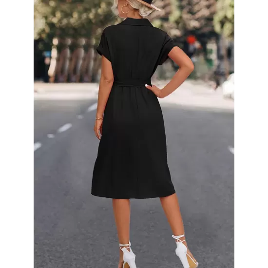 Buttoned Solid Color Tied Waist A-Line High Waisted Lapel Collar Shirt Dress Midi Dresses