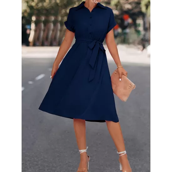 Buttoned Solid Color Tied Waist A-Line High Waisted Lapel Collar Shirt Dress Midi Dresses