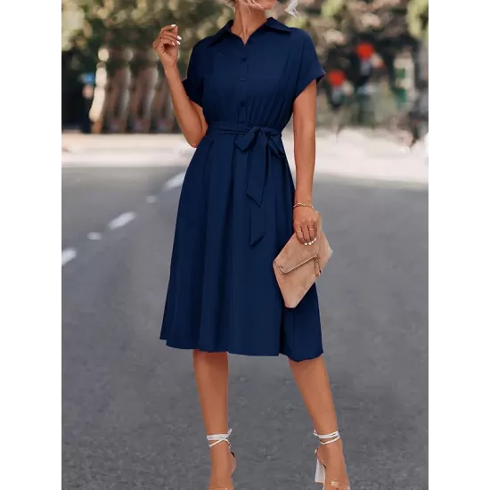 Buttoned Solid Color Tied Waist A-Line High Waisted Lapel Collar Shirt Dress Midi Dresses