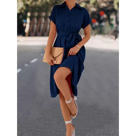 Buttoned Solid Color Tied Waist A-Line High Waisted Lapel Collar Shirt Dress Midi Dresses