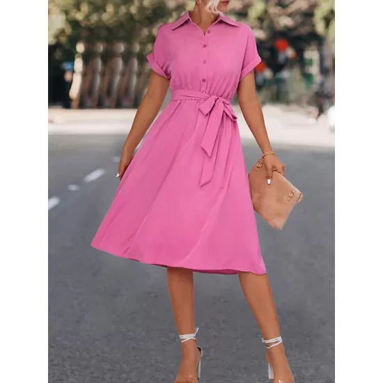 Buttoned Solid Color Tied Waist A-Line High Waisted Lapel Collar Shirt Dress Midi Dresses