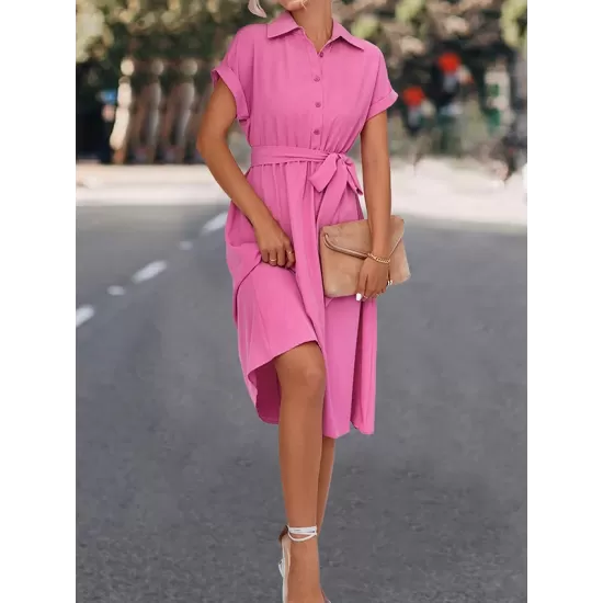 Buttoned Solid Color Tied Waist A-Line High Waisted Lapel Collar Shirt Dress Midi Dresses