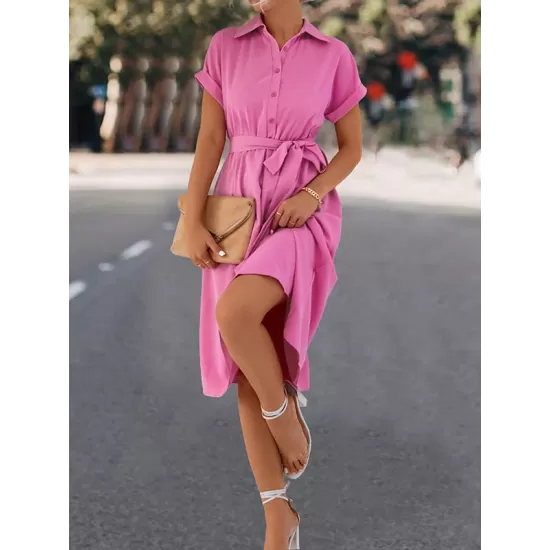 Buttoned Solid Color Tied Waist A-Line High Waisted Lapel Collar Shirt Dress Midi Dresses