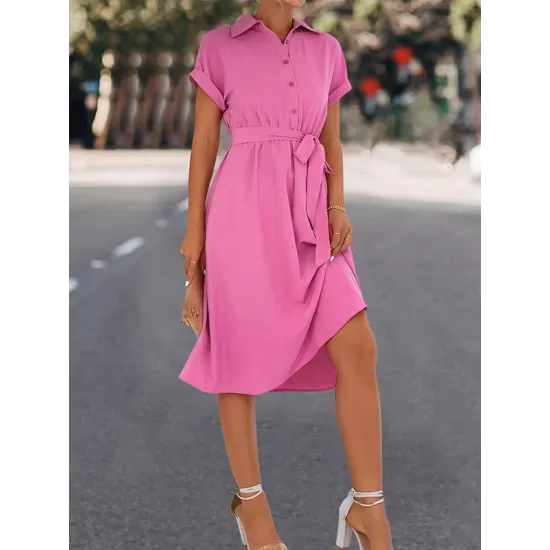 Buttoned Solid Color Tied Waist A-Line High Waisted Lapel Collar Shirt Dress Midi Dresses