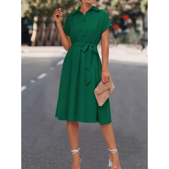 Buttoned Solid Color Tied Waist A-Line High Waisted Lapel Collar Shirt Dress Midi Dresses