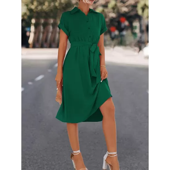 Buttoned Solid Color Tied Waist A-Line High Waisted Lapel Collar Shirt Dress Midi Dresses