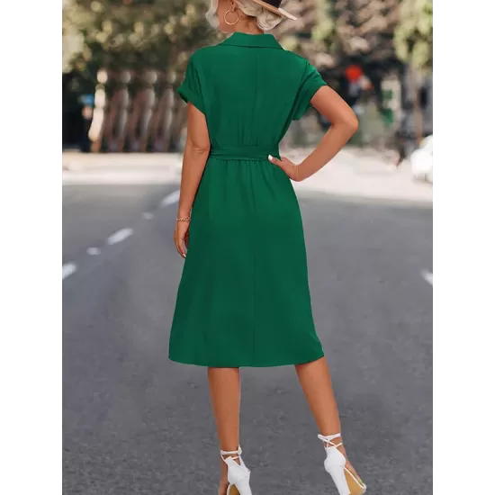 Buttoned Solid Color Tied Waist A-Line High Waisted Lapel Collar Shirt Dress Midi Dresses