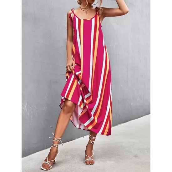 Contrast Color Striped Tied Loose Sleeveless U-Neck Slip Dress Midi Dresses