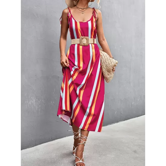 Contrast Color Striped Tied Loose Sleeveless U-Neck Slip Dress Midi Dresses