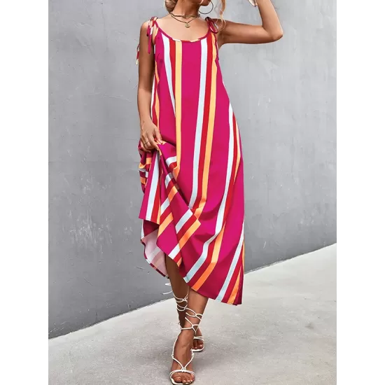 Contrast Color Striped Tied Loose Sleeveless U-Neck Slip Dress Midi Dresses