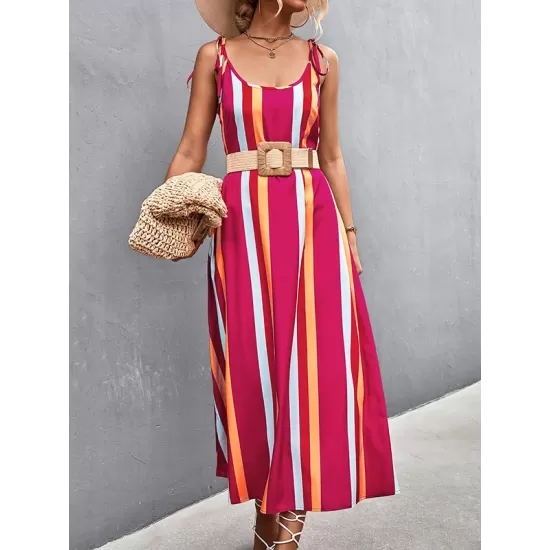 Contrast Color Striped Tied Loose Sleeveless U-Neck Slip Dress Midi Dresses