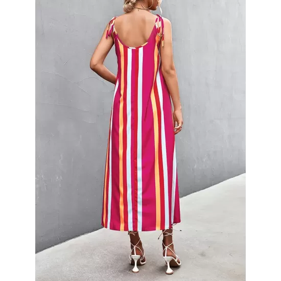 Contrast Color Striped Tied Loose Sleeveless U-Neck Slip Dress Midi Dresses