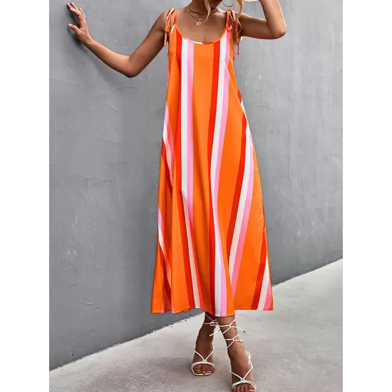 Contrast Color Striped Tied Loose Sleeveless U-Neck Slip Dress Midi Dresses