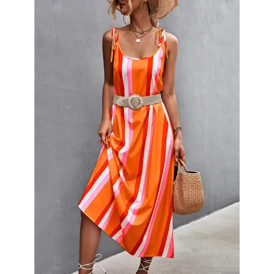 Contrast Color Striped Tied Loose Sleeveless U-Neck Slip Dress Midi Dresses