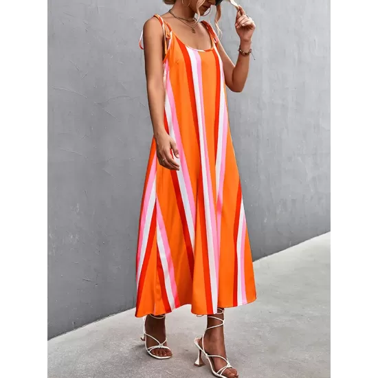 Contrast Color Striped Tied Loose Sleeveless U-Neck Slip Dress Midi Dresses