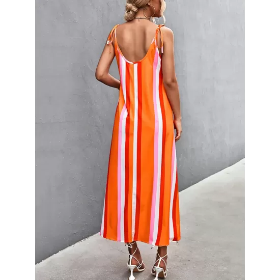 Contrast Color Striped Tied Loose Sleeveless U-Neck Slip Dress Midi Dresses