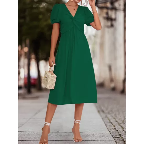 Elasticity Knot Pleated Solid Color Split-Joint A-line High Waisted V-neck Midi Dresses