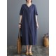 Chinese Frog Buttons Pockets Solid Color Split-Side A-Line Loose V-Neck Midi Dresses