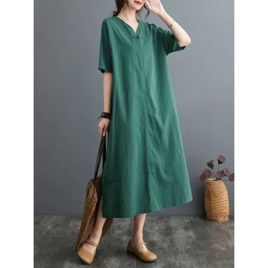 Chinese Frog Buttons Pockets Solid Color Split-Side A-Line Loose V-Neck Midi Dresses