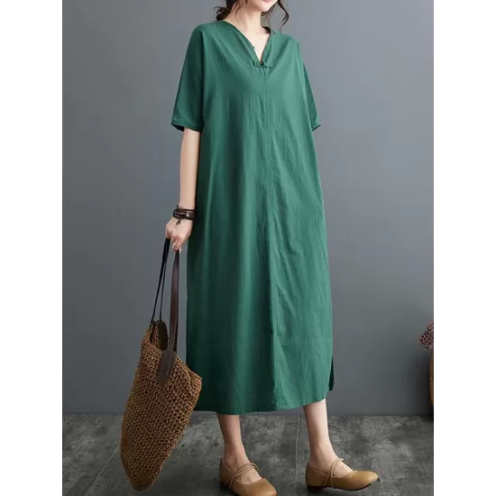 Chinese Frog Buttons Pockets Solid Color Split-Side A-Line Loose V-Neck Midi Dresses