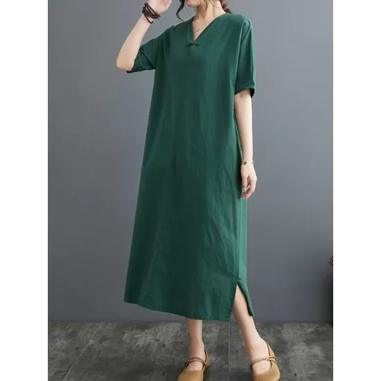 Chinese Frog Buttons Pockets Solid Color Split-Side A-Line Loose V-Neck Midi Dresses