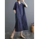 Chinese Frog Buttons Pockets Solid Color Split-Side A-Line Loose V-Neck Midi Dresses