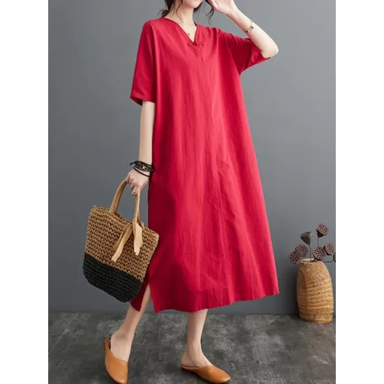 Chinese Frog Buttons Pockets Solid Color Split-Side A-Line Loose V-Neck Midi Dresses