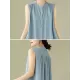 Buttoned Pleated Solid Color A-Line Sleeveless Round-Neck Midi Dresses