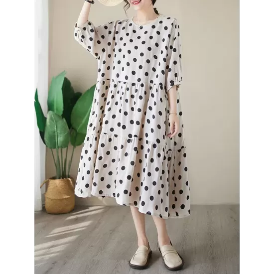 Polka Dot Split-Joint Half Sleeves Loose Midi Dresses