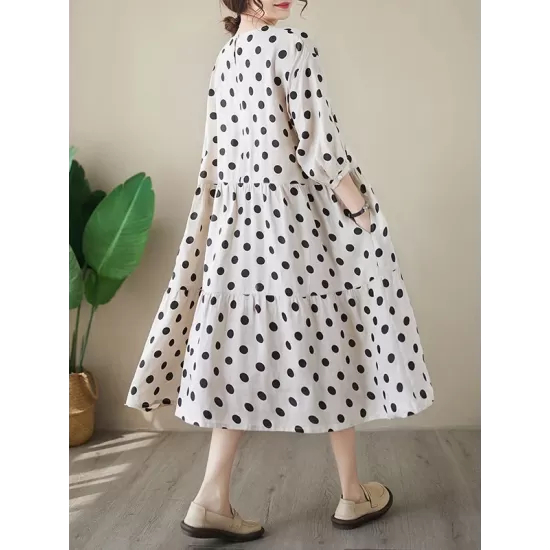 Polka Dot Split-Joint Half Sleeves Loose Midi Dresses