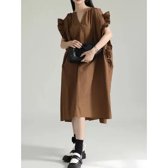 Adjustable Drawstring Pleated Solid Color Loose Raglan Sleeve V-Neck Shirt Dress Midi Dresses