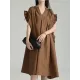 Adjustable Drawstring Pleated Solid Color Loose Raglan Sleeve V-Neck Shirt Dress Midi Dresses