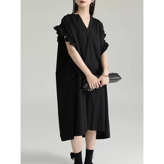 Adjustable Drawstring Pleated Solid Color Loose Raglan Sleeve V-Neck Shirt Dress Midi Dresses