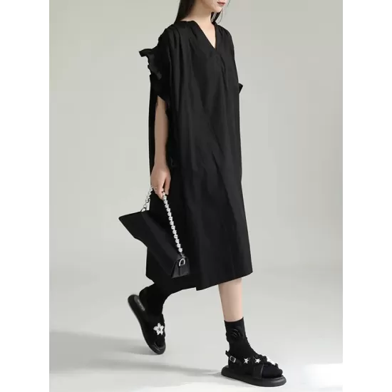 Adjustable Drawstring Pleated Solid Color Loose Raglan Sleeve V-Neck Shirt Dress Midi Dresses